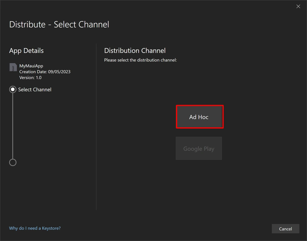 .NET MAUI Distribution Select Channel Ad Hoc