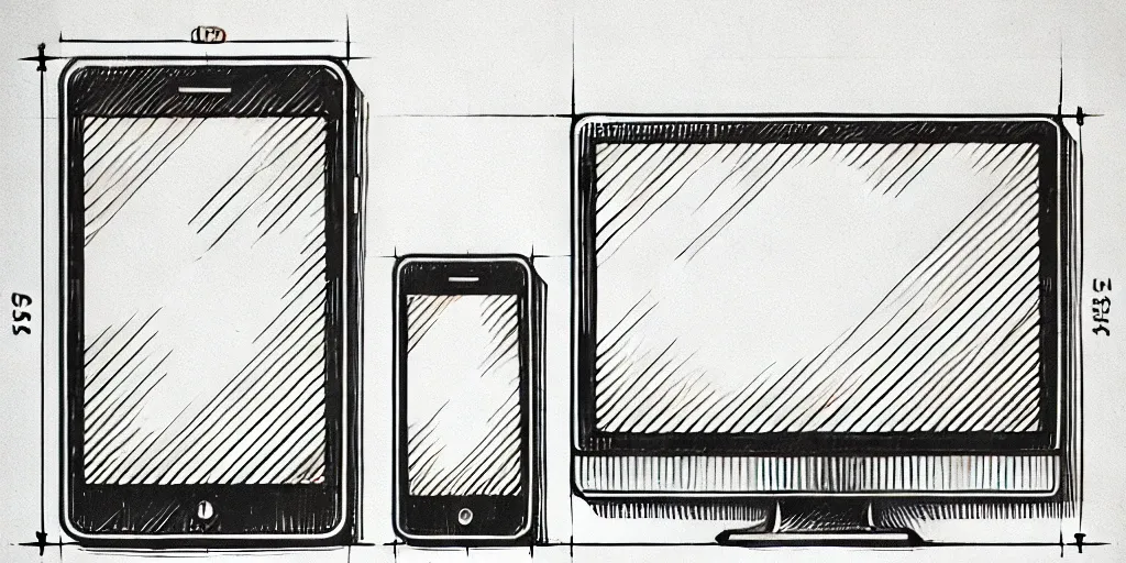 Sketch showing three devices of different sizes (smartphone, tablet and computer screen) illustrating the principles of responsive design.