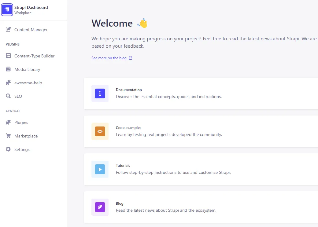 Strapi interface with the awesome-help plugin on the left menu